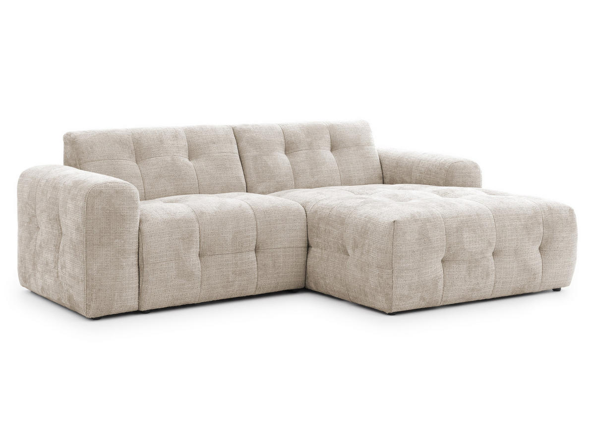 ECKSOFA Kozy im Bumpy-Design mit fester Rückenlehne aus weichem Dunkelbeige Chenille-Stoff - Ottomane rechts - Beige/Schwarz, Holz/Kunststoff (234/161cm) - S-Style Möbel