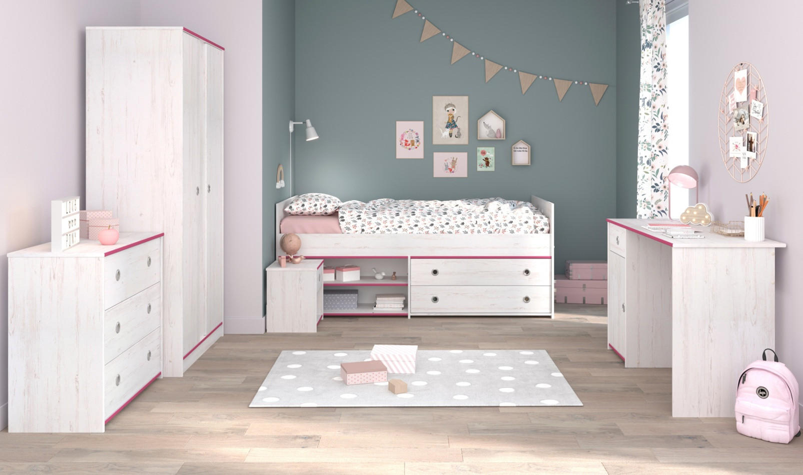 KINDERZIMMER Set Kleiderschrank Schreibtisch Kommode Bett 90x200 cm - Weiß/Kieferfarben, Holz/Holzwerkstoff (203/182/95cm) - Parisot Meuble