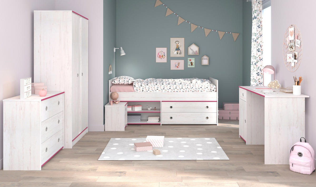 KINDERZIMMER Set Kleiderschrank Schreibtisch Kommode Bett 90x200 cm - Weiß/Kieferfarben, Holz/Holzwerkstoff (203/182/95cm) - Parisot Meuble