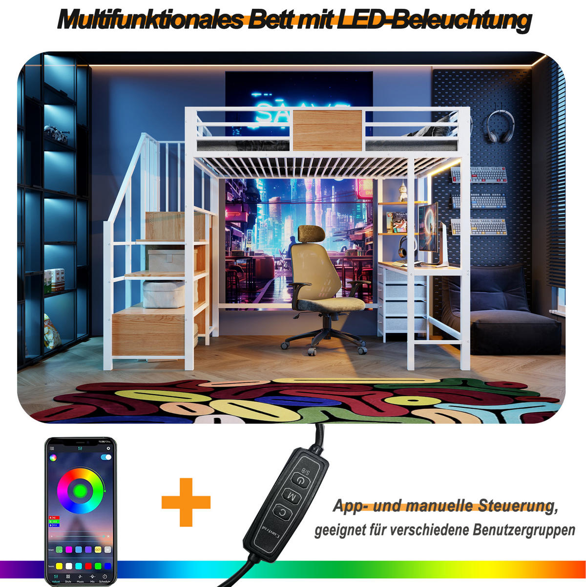 HOCHBETT 140/200 cm aus Metall mit Schreibtisch, Stauraum, LED und Steckdose, Weiß - Weiß, Metall (140/200cm) - OKMYHOME