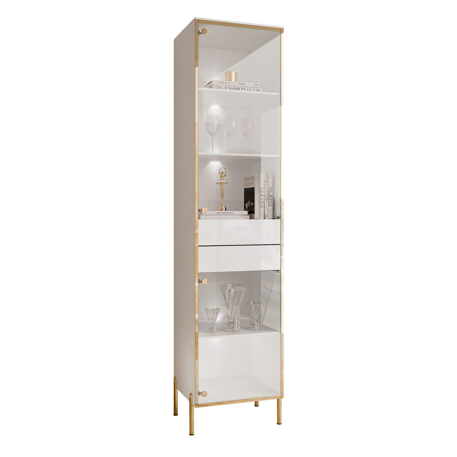 VITRINE AURORA in Weiß hochglanz mit LED-Beleuchtung mit gerade Goldchrom Fuße - Weiß Hochglanz/Goldfarben, Holzwerkstoff/Metall (45/195/40cm) - Lookway