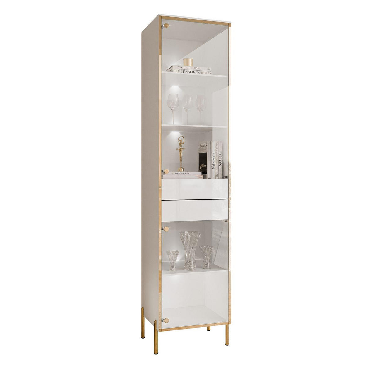 VITRINE AURORA in Weiß hochglanz mit LED-Beleuchtung mit gerade Goldchrom Fuße - Weiß Hochglanz/Goldfarben, Holzwerkstoff/Metall (45/195/40cm) - Lookway
