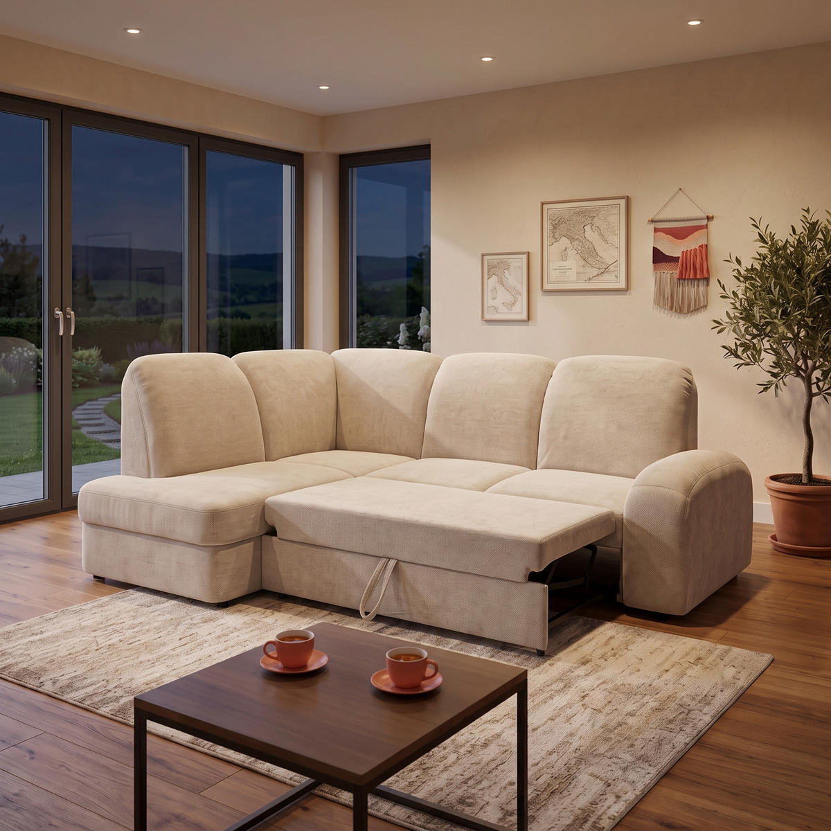 ECKSOFA VIBE L Links mit Schlaffunktion 129x205 Chenille Beige - Beige/Schwarz, Holz/Kunststoff (186/250cm) - Muffo