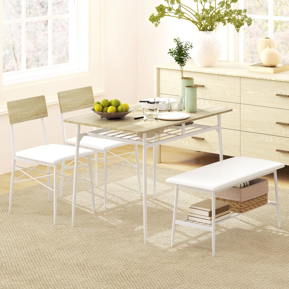 ESSGRUPPE 4er-Set, Esstisch mit Bank und 2 Stühlen, Küchentisch-Set mit Ablage - Eichefarben/Weiß, Kunststoff/Metall (70/75/110cm) - HOMCOM