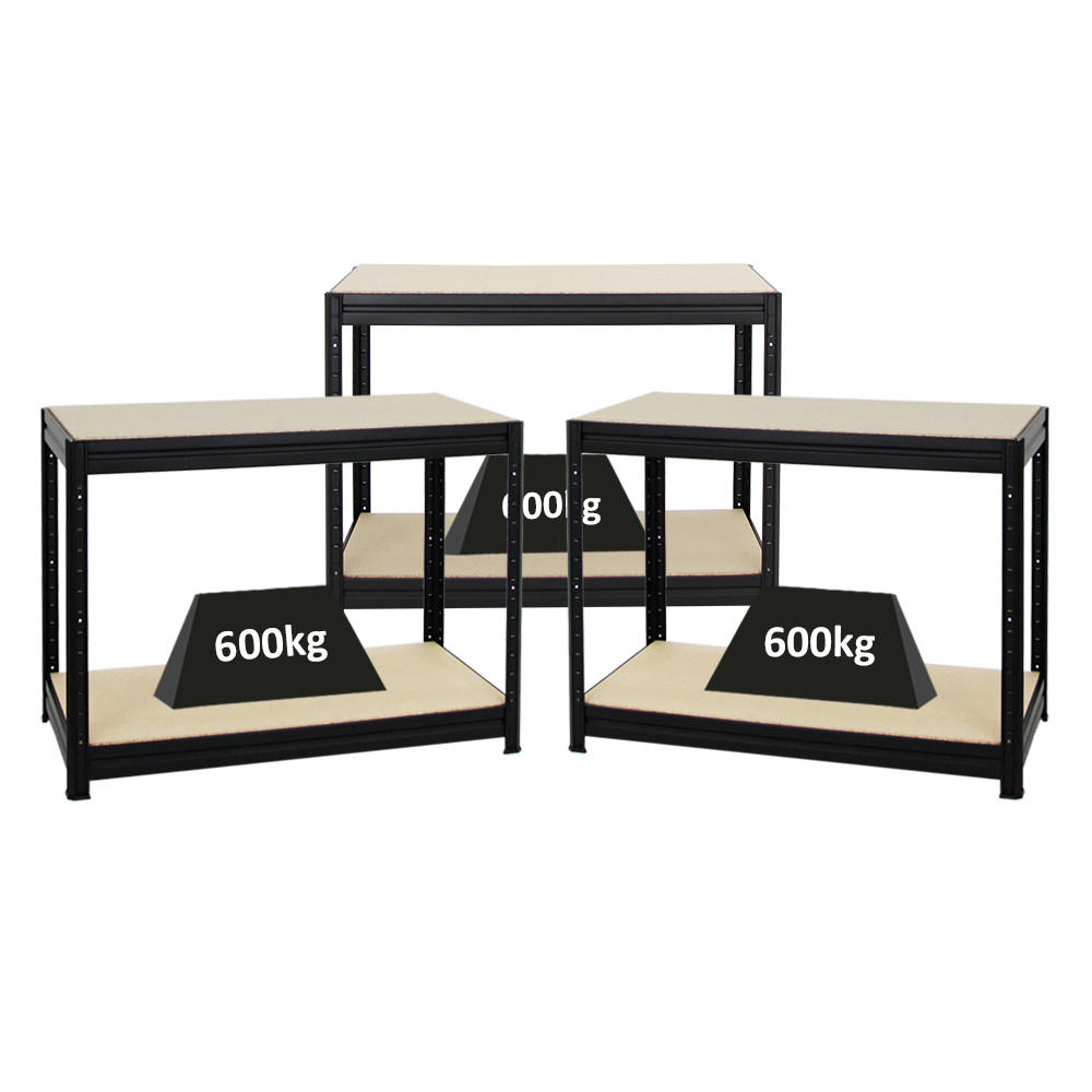 WERKBANK Dino 3er-Set mit 3x höhenverstellbar 90x120x60 cm Traglast 600 kg Schwarz - Schwarz, Metall (360/90/60cm) - PROREGAL