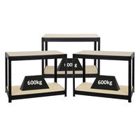 WERKBANK Dino 3er-Set mit 3x höhenverstellbar 90x120x60 cm Traglast 600 kg Schwarz - Schwarz, Metall (360/90/60cm) - PROREGAL