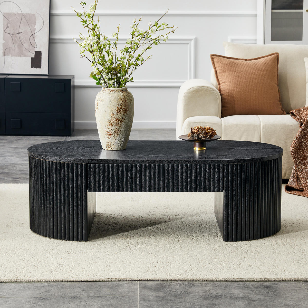 COUCHTISCH DE-37394 oval mit Rillenverkleidung und Schublade Schwarz - Schwarz, Holzwerkstoff (105/54/38cm) - ComfortXL