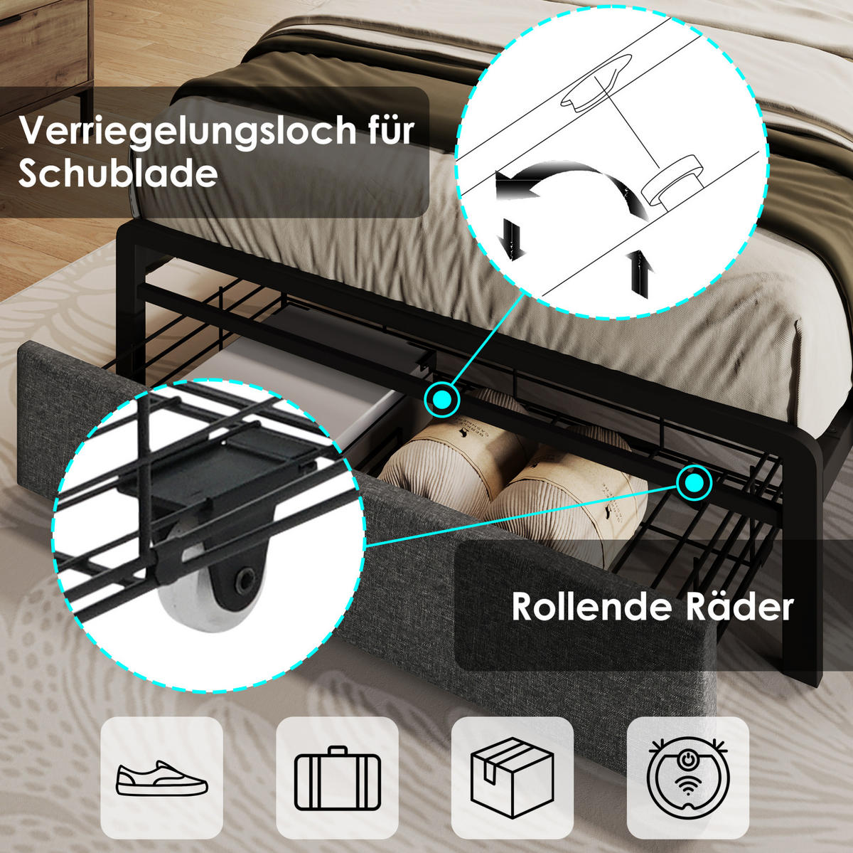 POLSTERBETT 90/200 cm mit LED-Beleuchtung, USB-C-Ladestation, Stauraum-Kopfteil und Schublade, Grau - Grau, Textil (90/200cm) - Redom