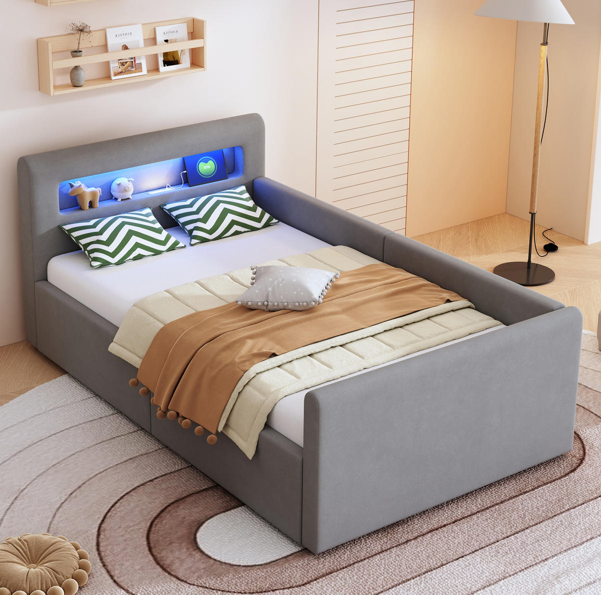 POLSTERBETT Kinderbett 90/200 cm Hellgrau mit LED-Beleuchtung, Nachtlicht und USB-Ladeanschluss - Grau, Textil (90/200cm) - OKWISH