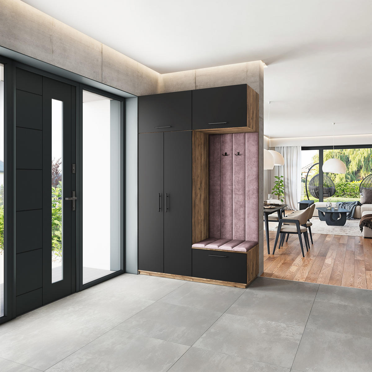 GARDEROBENSCHRANK REMA 150/240/60 cm Modern Garderobe-Set Eiche Lefkas - Eichefarben/Lila, Holzwerkstoff (150/240/60cm) - MASSENO