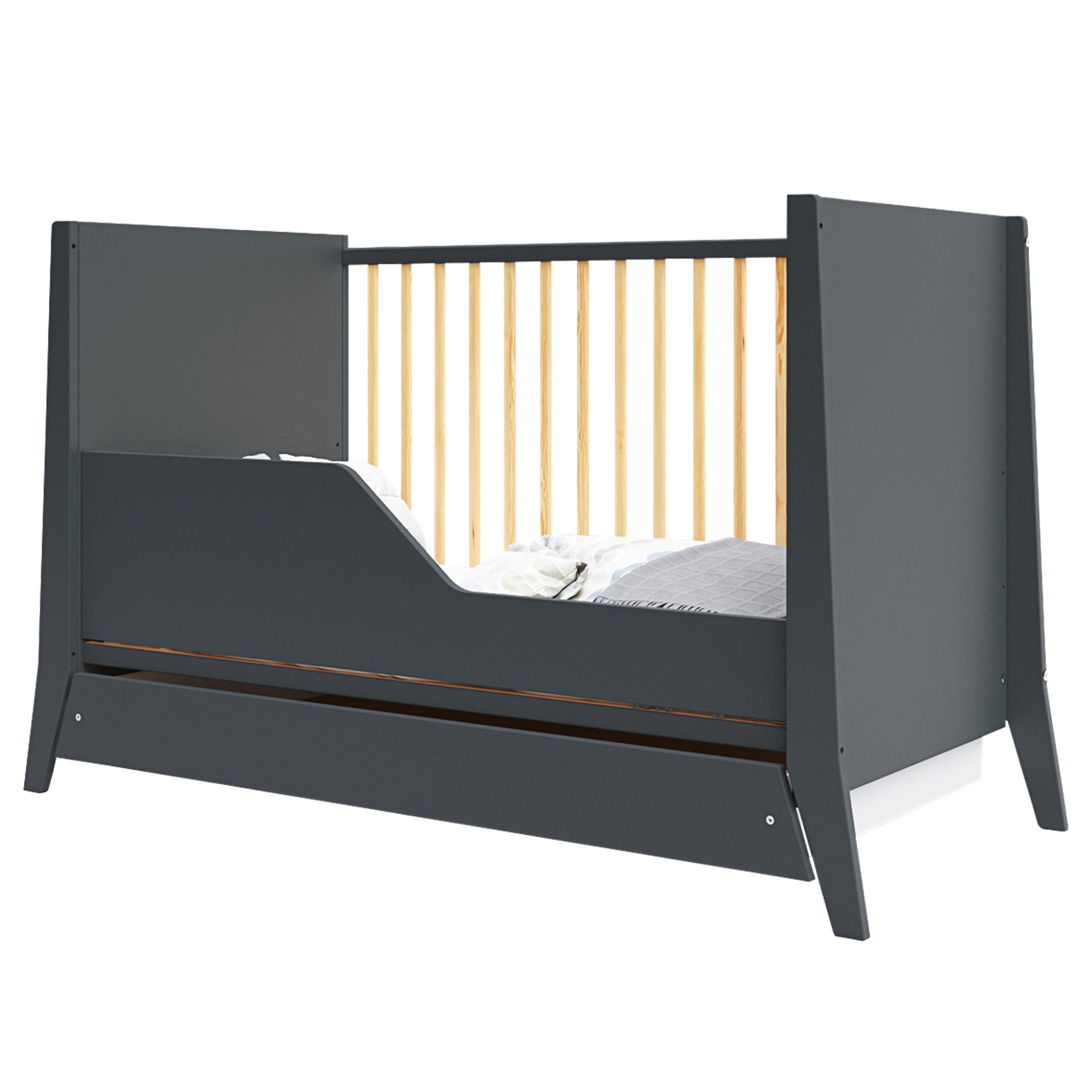 BABYBETT Zoe, Mitwachsendes, mit Schublade Anthrazit - Anthrazit, Holz (60/120cm) - Premiers Moments