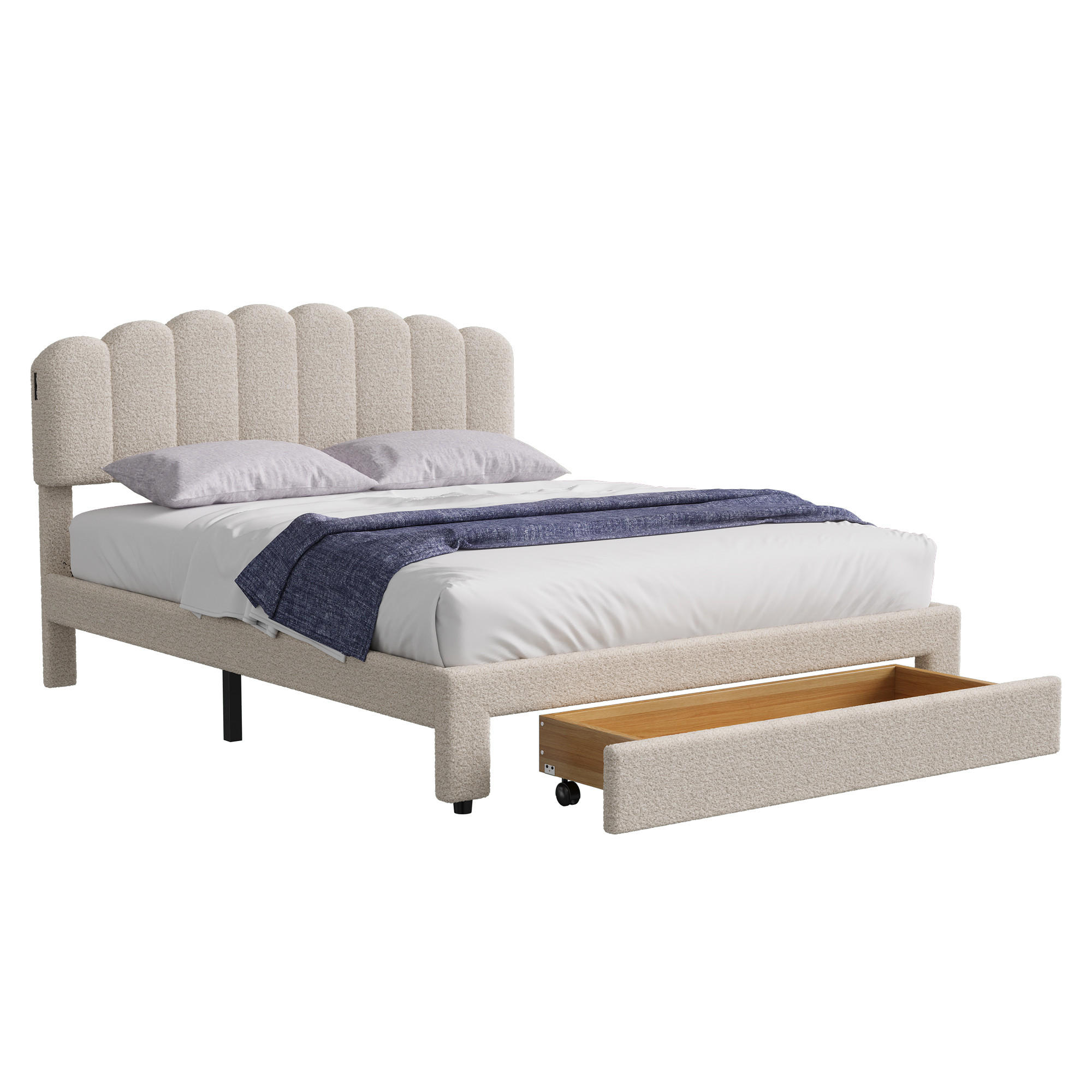 POLSTERBETT 140x200 cm Doppelbett, 1 Stauraumschublade am Fußende, USB & Typ-C-Anschlüsse, Teddy-Stoff in Beige - Beige, Holz (140/200cm) - BRILVERDE
