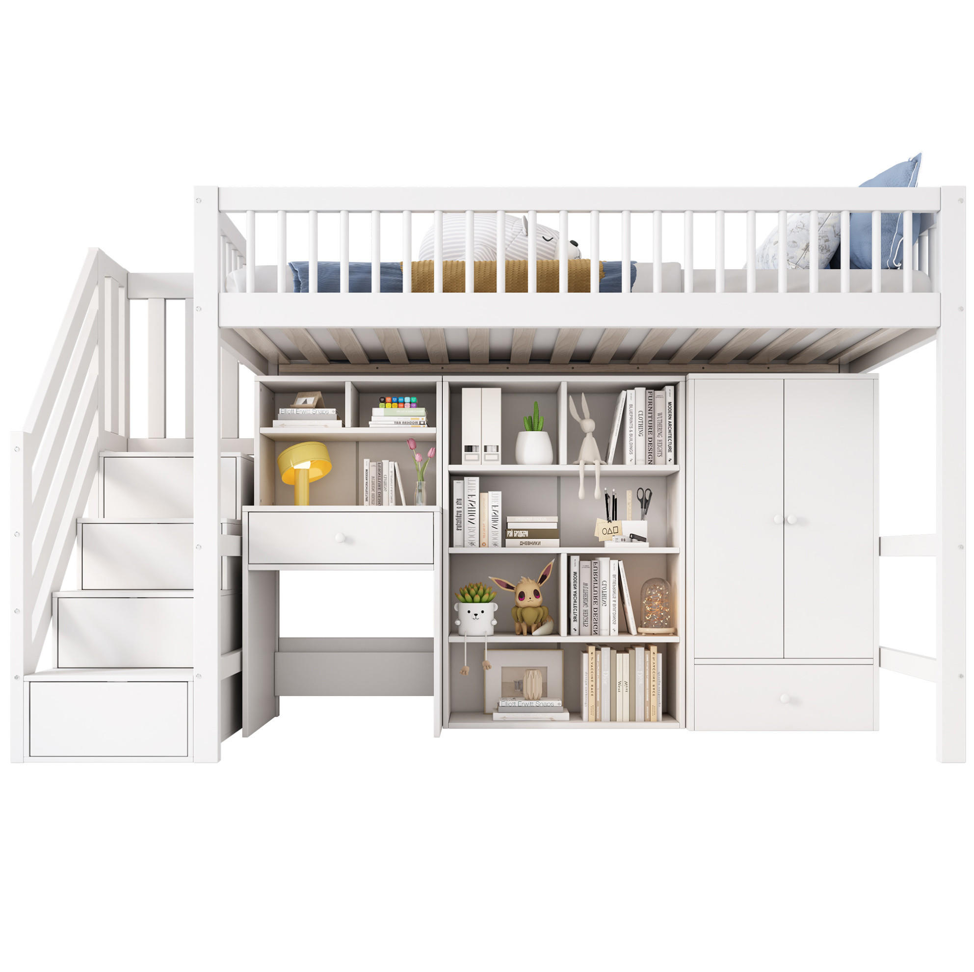 HOCHBETT 90/200 cm in Weiß mit Schreibtisch, Treppe und Kleiderschrank - Weiß, Holzwerkstoff (90/200cm) - Flora Grace