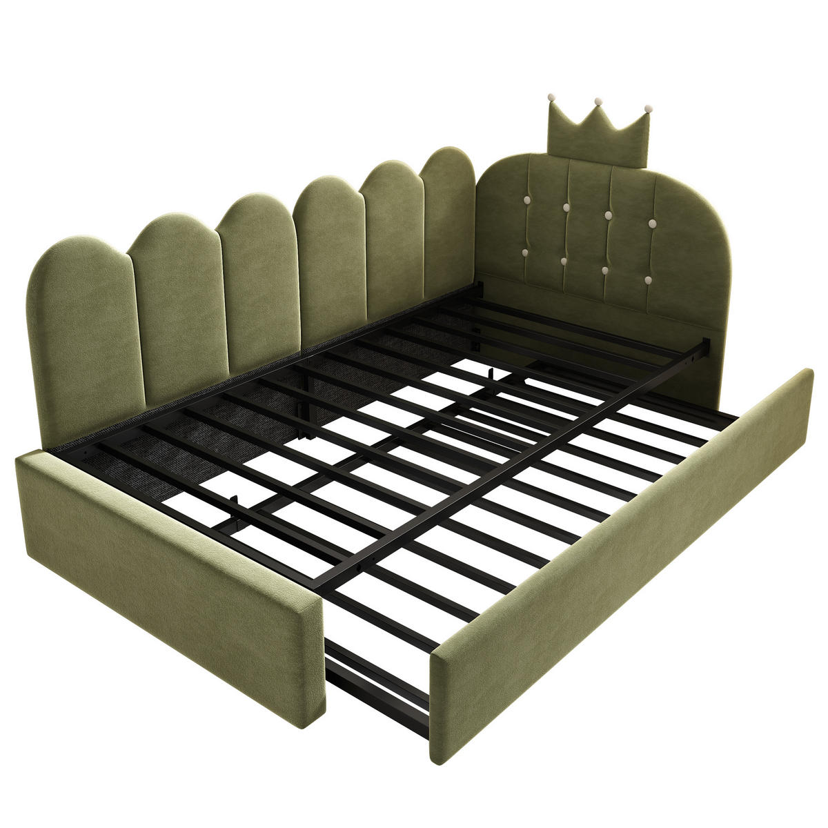 KINDERBETT Kindereinzelbetten 90/200 cm mit Ausziehbett 90/190 cm, L-Form, Kronen- und Gitterdesign aus Samt, Grün - Grün, Textil (90/200cm) - Redom