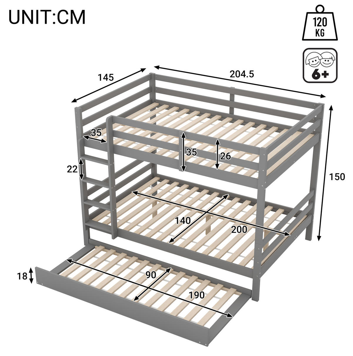 ETAGENBETT 140/200 cm aus Kiefer mit Ausziehbett und stabiler Treppe Grau - Grau, Holz (140/200cm) - Modenvie