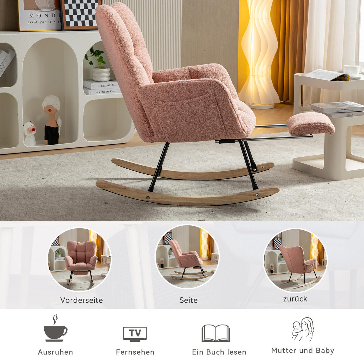 SCHAUKELSTUHL Teddy-Stoff mit klappbarer Fußablage 80/98/98.5 cm Rosa - Rosa, Textil (98/98.5/80cm) - Redom