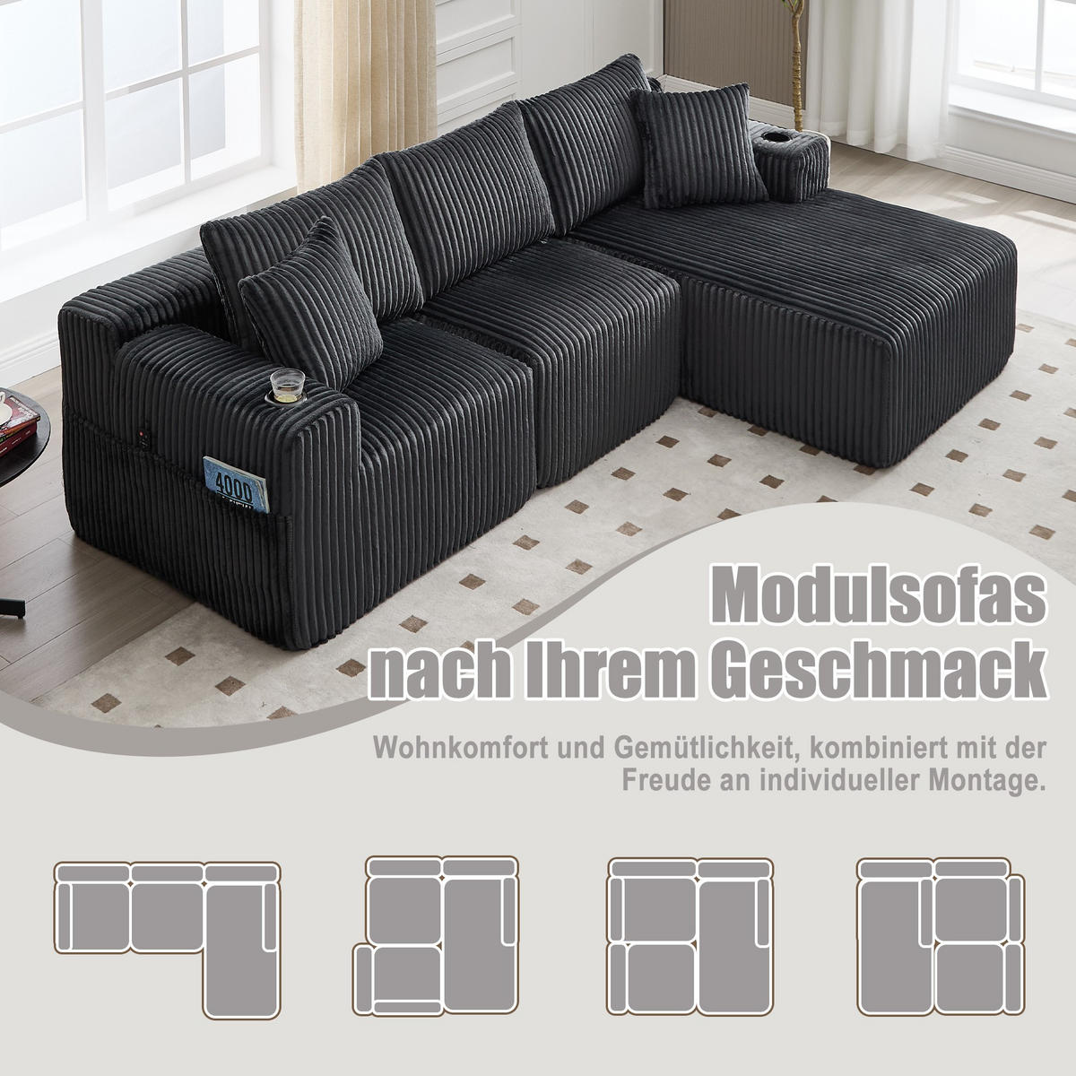 ECKSCHLAFSOFA Modulares Sofa mit Schlaffunktion,Chaiselongue + Zweisitzer,Grau - Grau, Textil (257/160cm) - LVHOM