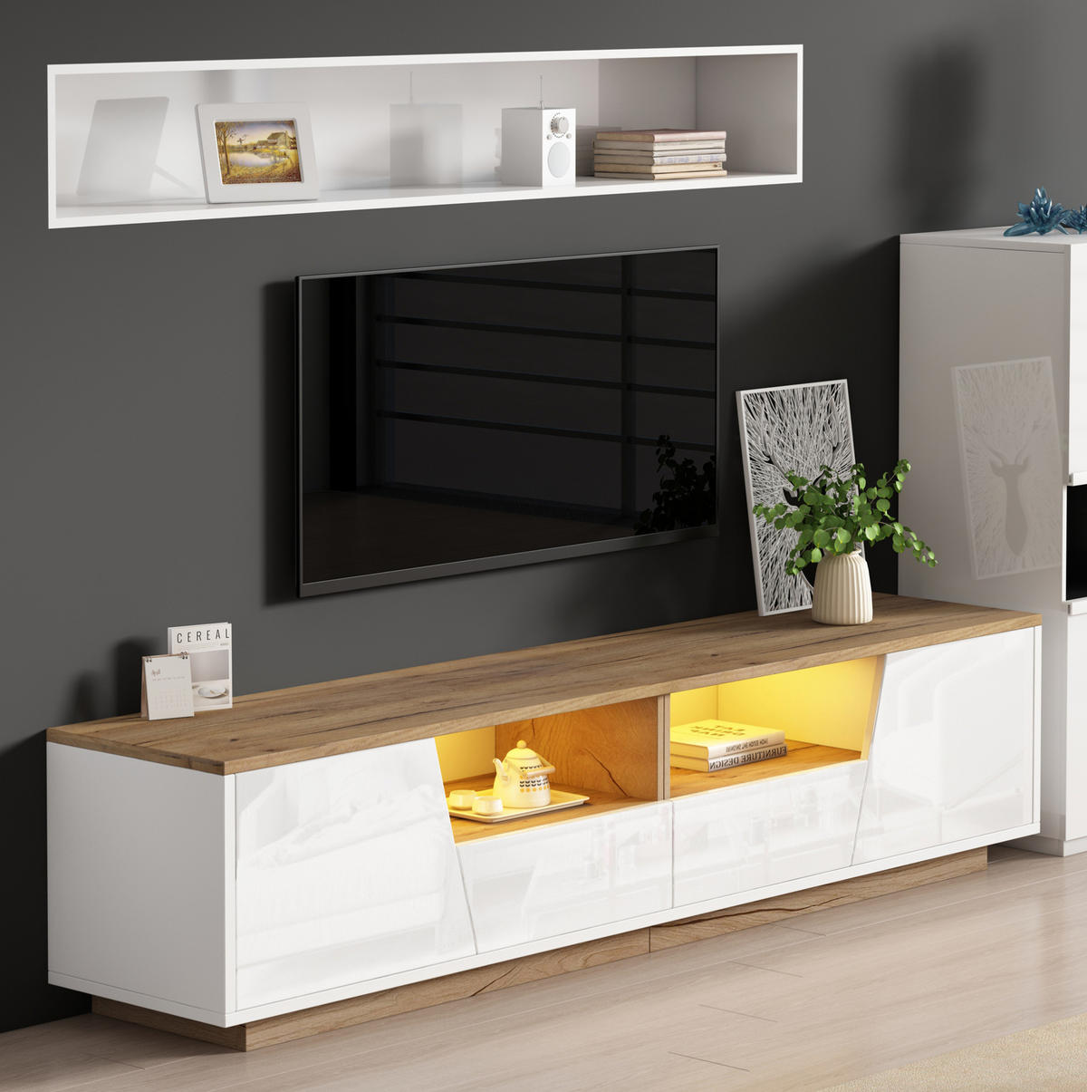 TV-SCHRANK mit LED 180 x 40 x 46 cm Hochglanz Weiß Holzoptik - Weiß, Holzwerkstoff (40/46/180cm) - Beauniv