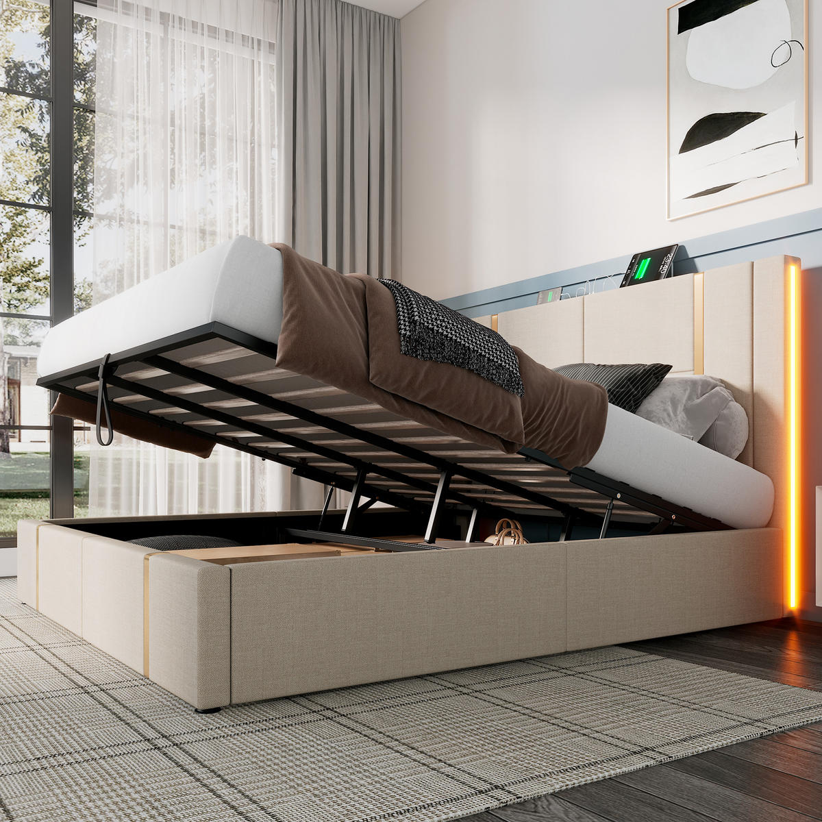 POLSTERBETT 180/200 cm Beige mit USB Type C Ladefunktion und APP-Control LED, Ohne Matratze - Beige, Holz/Textil (180/200cm) - Oxeza