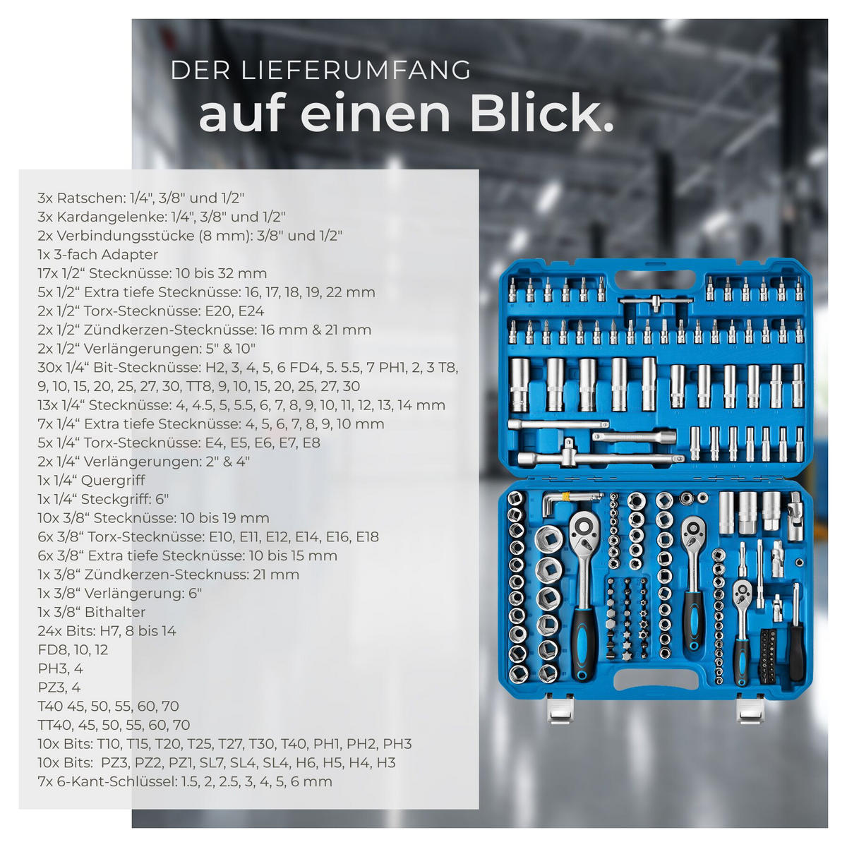 STECKSCHLÜSSELSATZ, übersichtliche Anordnung im Kunststoffkoffer, blau - Blau, Metall (46.5/33.5/9cm) - tectake