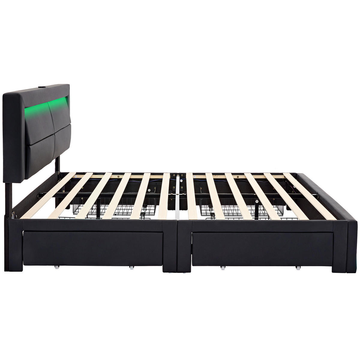 POLSTERBETT 140/200 cm Schwarz aus PU mit LED-Beleuchtung und 4 Schubladen - Schwarz, Kunststoff (140/200cm) - OKMYHOME