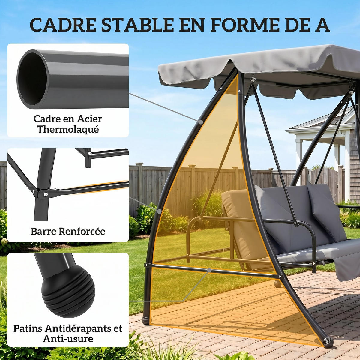 GARTENSCHAUKEL Hellgrau 3-Sitzer Bettfunktion 200/125/170 cm - Hellgrau, Metall (200/170/125cm) - PANGIVO