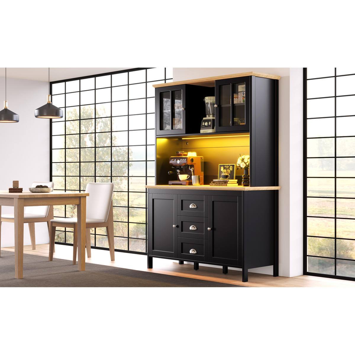KÜCHENSCHRANK 120x40x179 cm, 4 Türen, 3 Schubladen, LED-Beleuchtung, Schwarz - Schwarz, Holzwerkstoff (120/179/40cm) - FOHERE