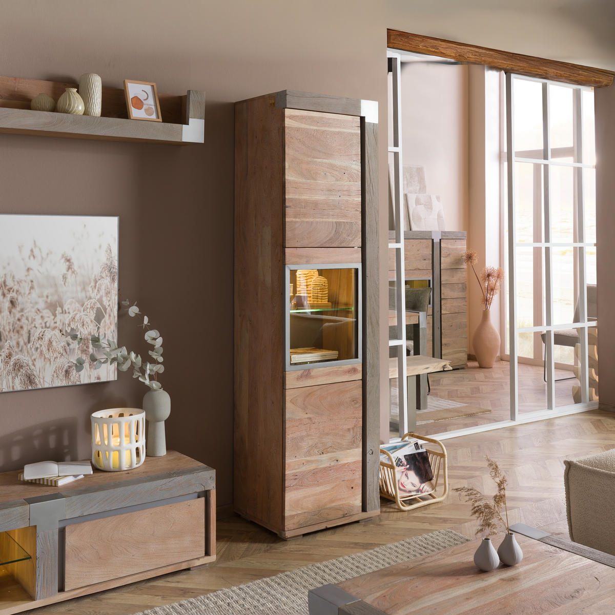VITRINE Akazie 55x45x204 beige lackiert Amsterdam #120 - Beige, Holz (55/204/45cm) - Massivmoebel24