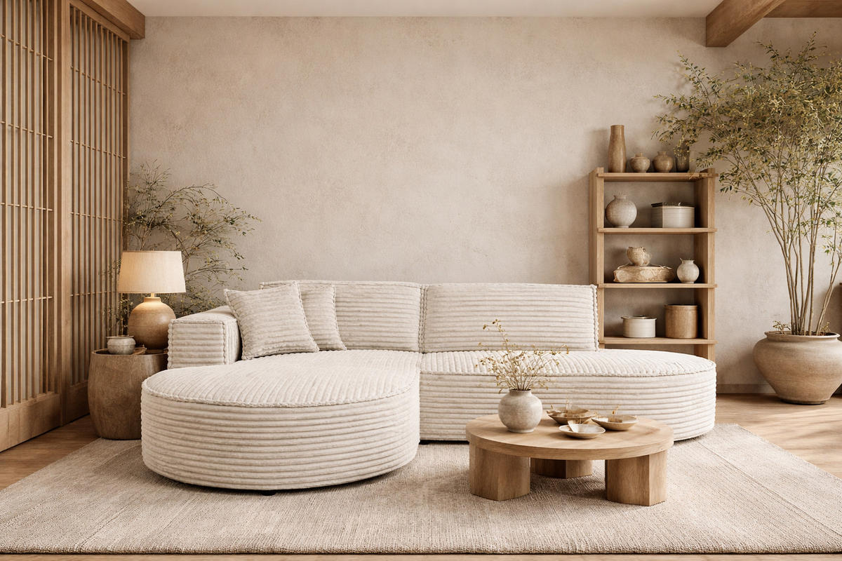 ECKSOFA L-Form, Cordstoff Velo, Ecru, Links, Modena Studio - Ecru, Holz (236/165cm) - Kaiser Möbel