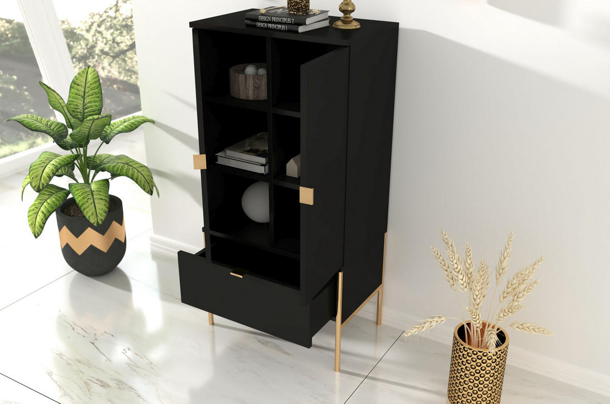 HIGHBOARD Polka, Schwarz, Goldene Details - Goldfarben/Schwarz, Holzwerkstoff/Metall (60/120/37cm) - Skandica