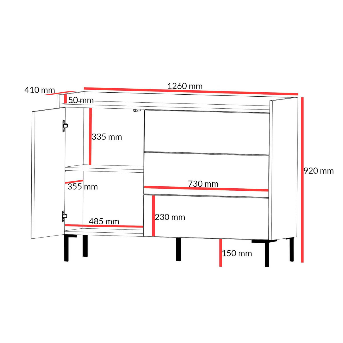 KOMMODE mit Schubladen Liam 1D3S 125 Schwarz - Schwarz, Holzwerkstoff/Metall (126/92/41cm) - mzm24
