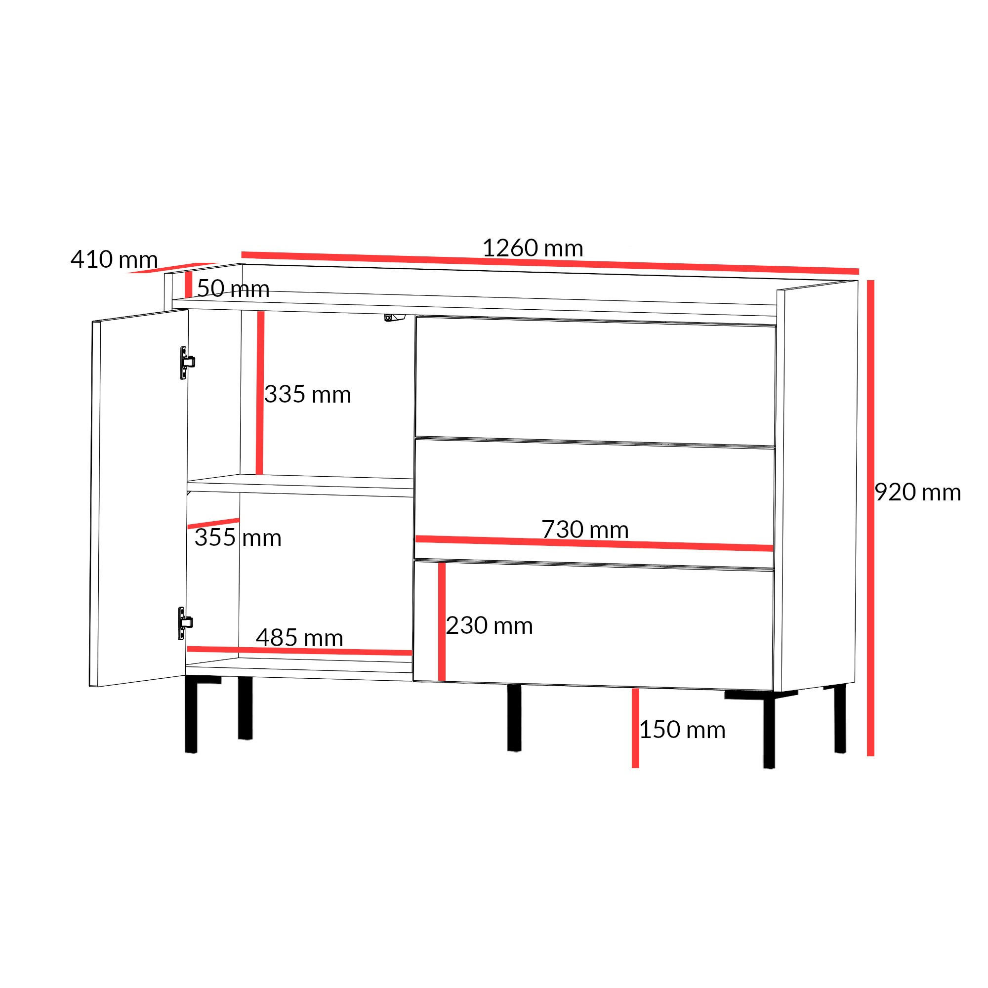 Thumbnail - mzm24 Kommode, Schwarz, Holzwerkstoff, Uni, 2 Fächer, 3 Schubladen, Rechteckig, eckig, 126x92x41 cm, Wohnzimmer, Kommode...