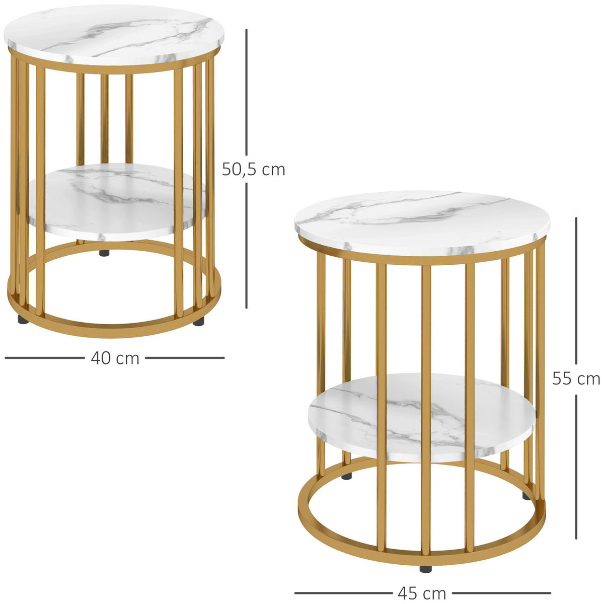 COUCHTISCH rund 2er Set mit Ablage, Weiß - Weiß, Holzwerkstoff (45/45/55cm) - HOMCOM