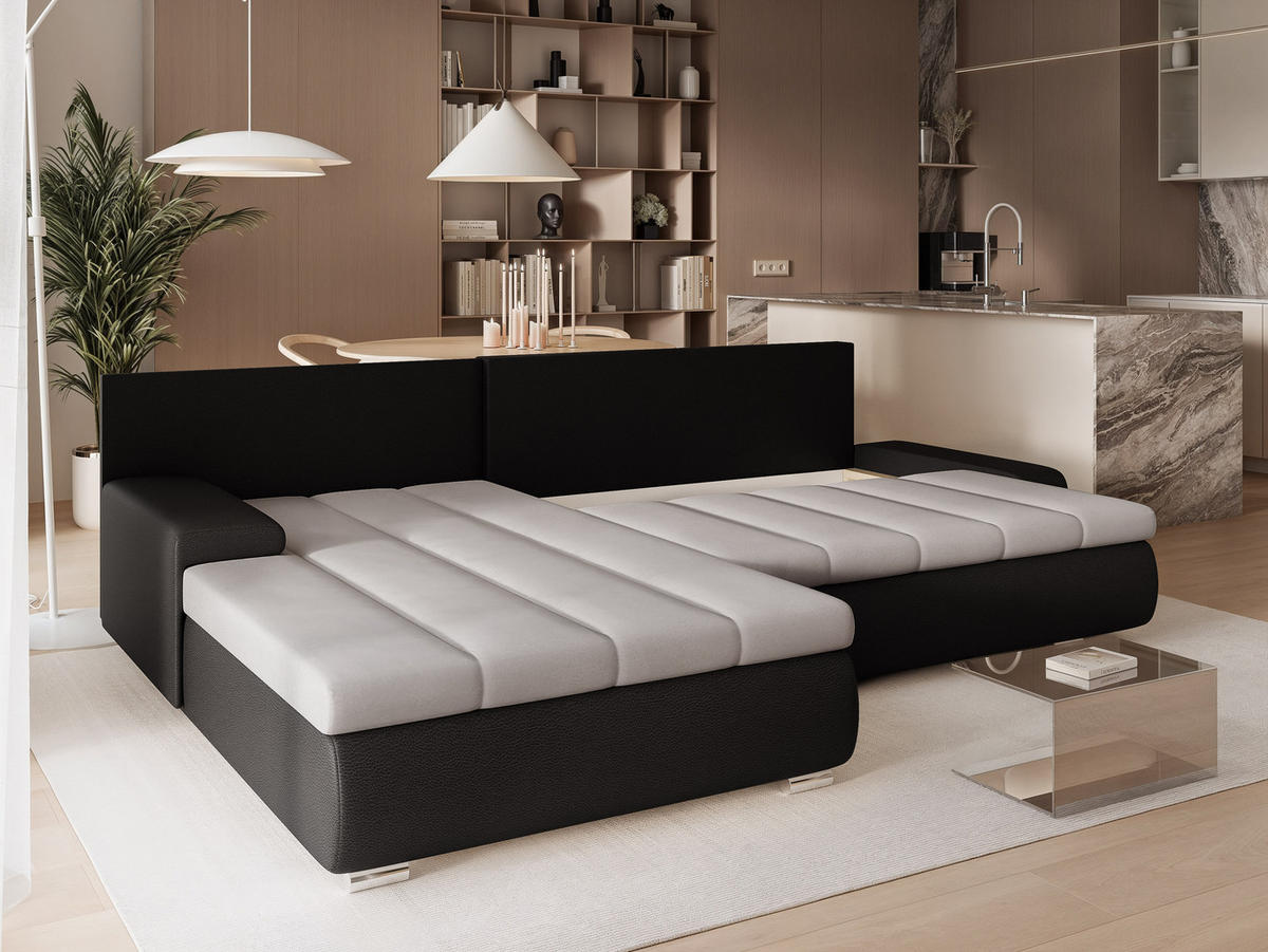 ECKSOFA VELANO mit Schlaffunktion und Bettkasten Schwarz/Hellgrau - Hellgrau, Holzwerkstoff/Kunststoff (250/90cm) - Idohome