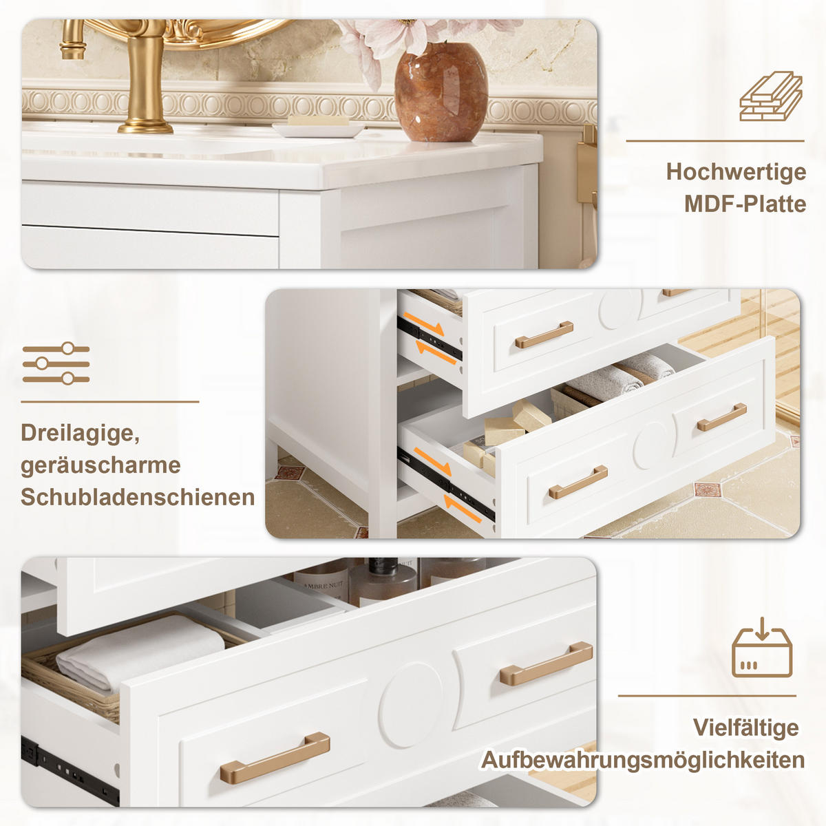 WASCHTISCHKOMBI 76.5/47/82 cm Weiß mit 3 Schubladen, ohne Wasserhahn - Goldfarben/Weiß, Holz/Holzwerkstoff (47/82/76.5cm) - Oxeza