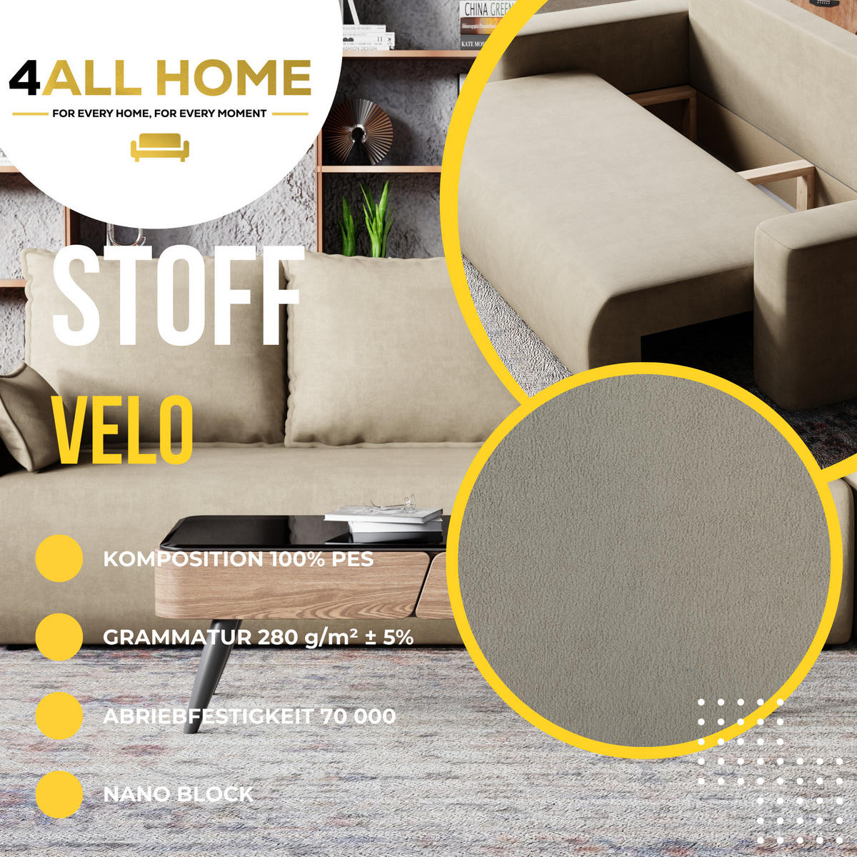 SOFA Bubi mit Bettkasten und Schlaffunktion, Velourstoff - Cappuccino, Holzwerkstoff (242/85/95cm)