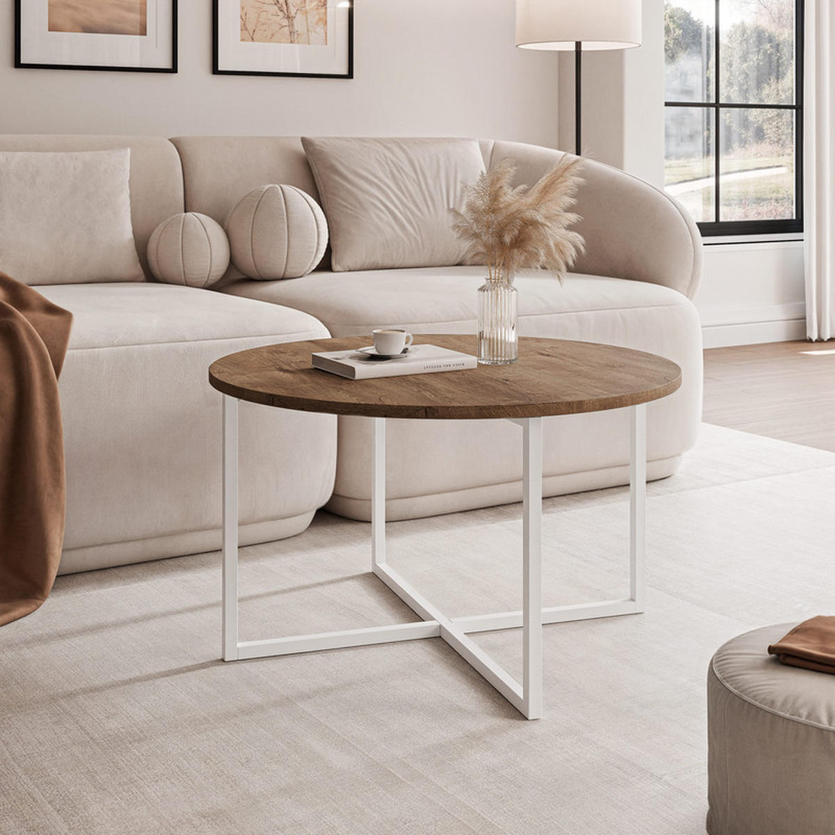 COUCHTISCH BESARO 75/47 cm runden, Weiß / Lefkas-Eiche - Eichefarben/Weiß, Metall (75/75/47cm) - Idohome