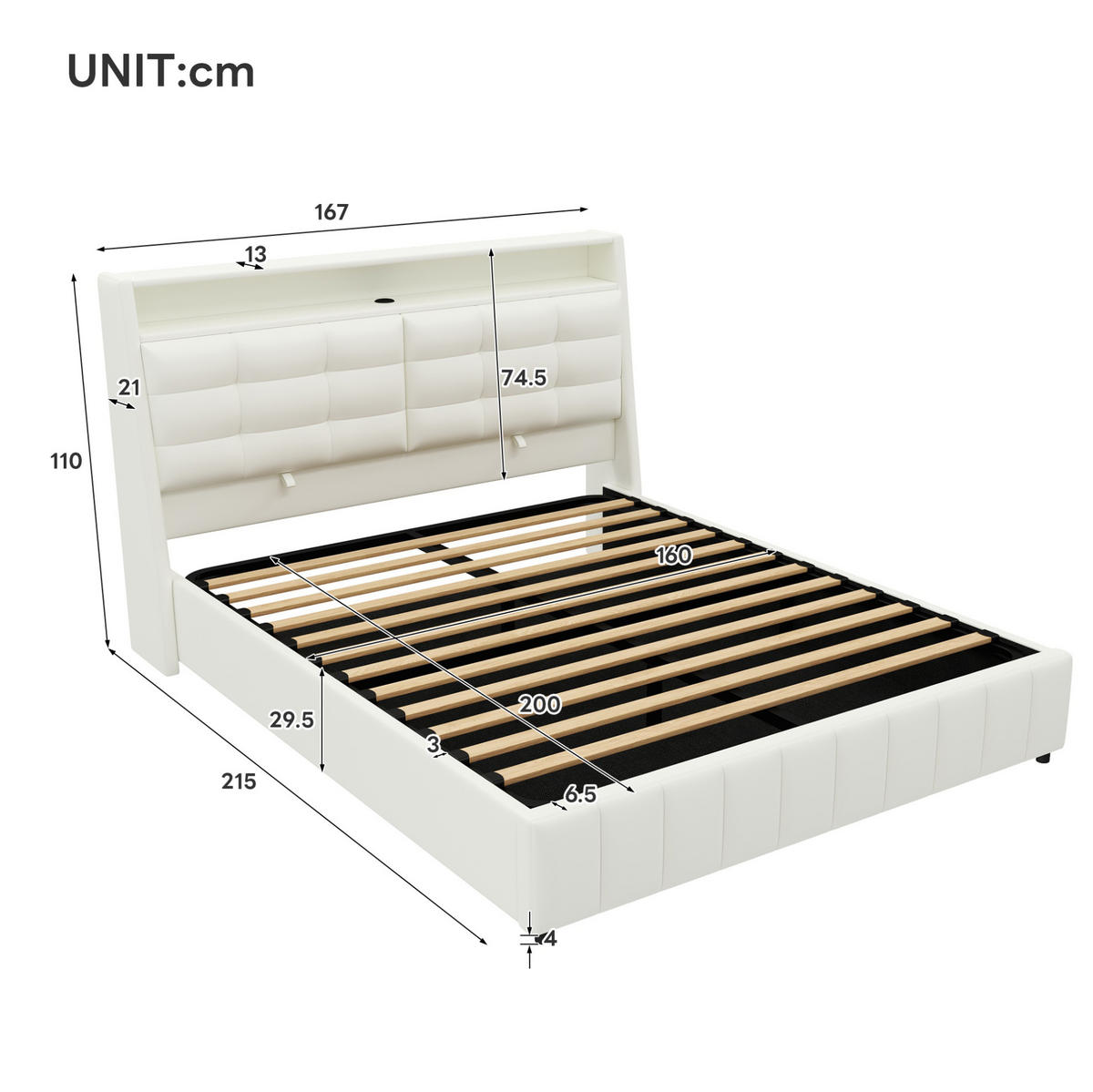 BETT mit Stauraum, LED und USB 160x200 cm Weiß - Weiß, Metall (160/200cm) - Meubliv