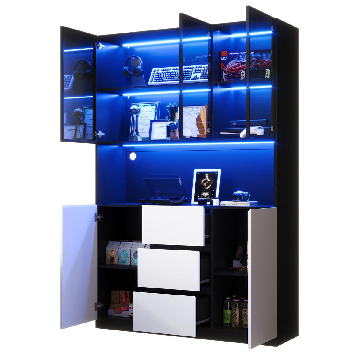 VITRINE aus MDF 120x40x200cm in Schwarz mit LED-Beleuchtung - Schwarz, Holzwerkstoff (120/200/40cm) - Modfu