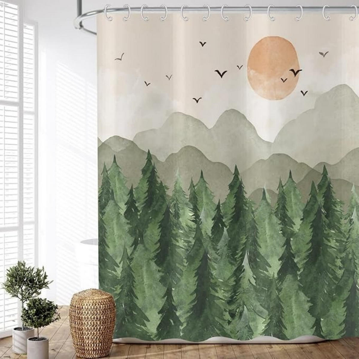 DUSCHVORHANG Vogel waschbar Stoff wasserdicht für Badewanne mit Haken - Grün, Textil (180/180cm) - MCBOSON
