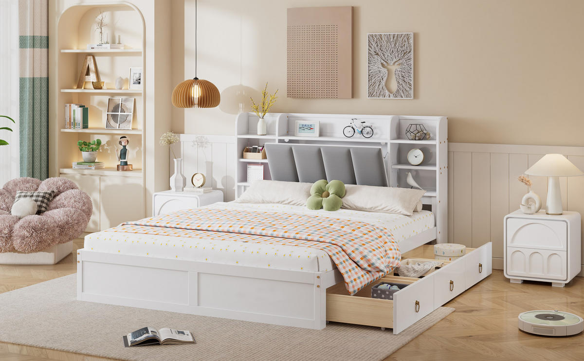 BETT 160x200 cm Schubladen Regal weiß - Weiß, Holz (160/200cm) - LEBENLANG