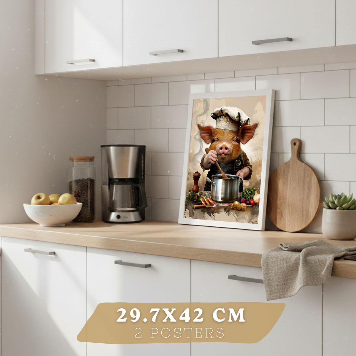 PLAKAT Sada 2 Animal Chef A3 Bílý rám - bílá, papír (29.7/1/42cm) - Nacnic