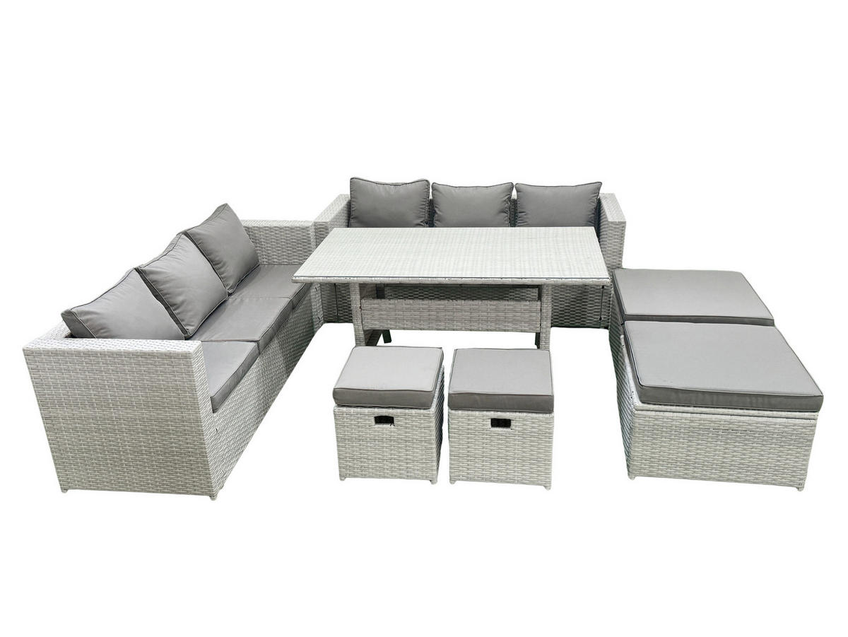 GARTENSET mit Esstisch,Sofa,3 Fußhocker Polyrattan Hellgrau 10-Sitzer - Hellgrau/Grau, Glas/Kunststoff - Fimous