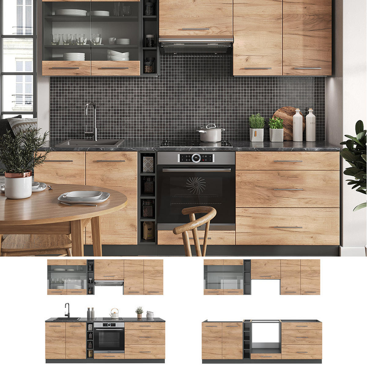 KÜCHENZEILE Fame-Line Goldkraft Eiche/Anthrazit 235 cm, AP Marmor - Honigeiche/Anthrazit, Holzwerkstoff (235/81.6/60cm) - Vicco