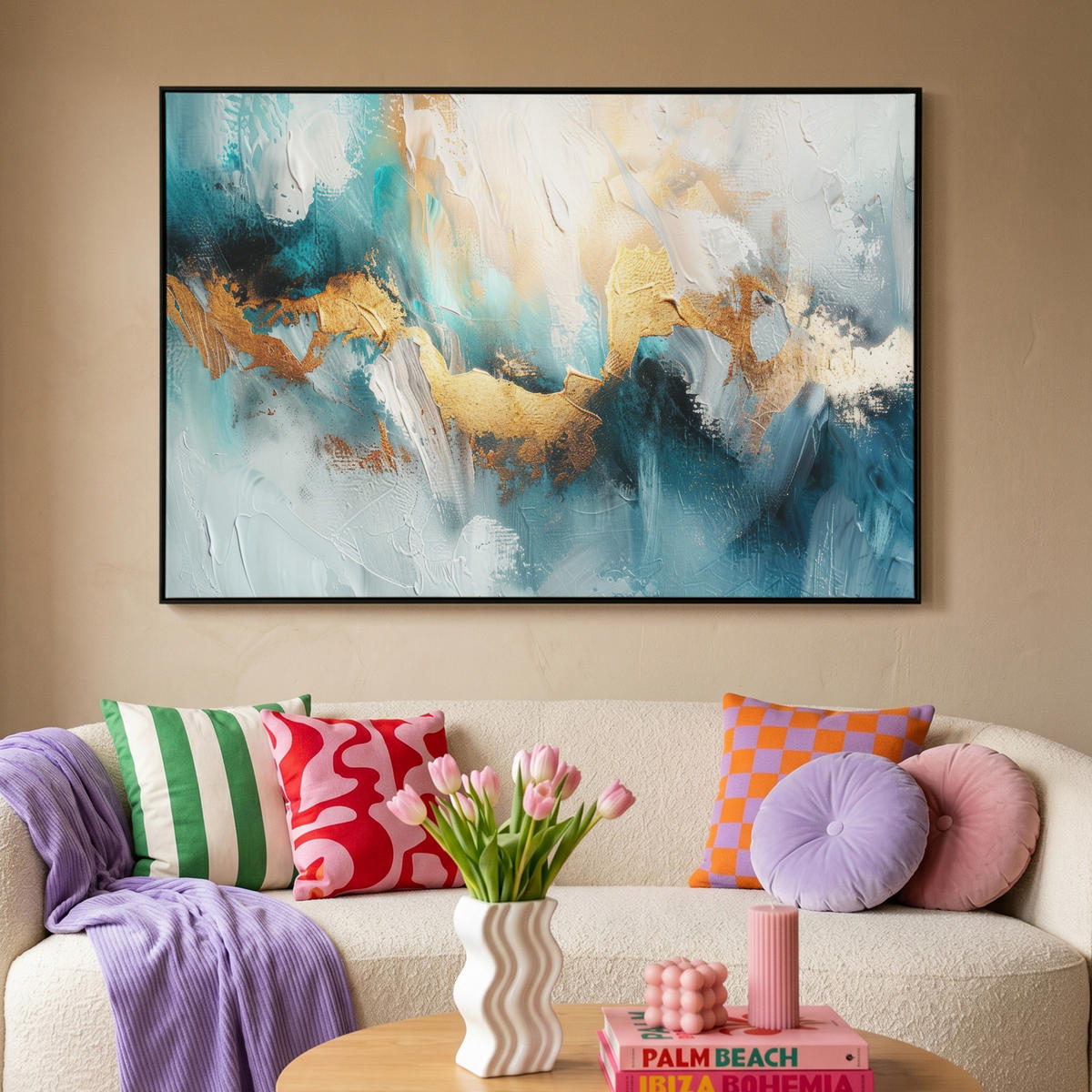 LEINWAND Bilder mit Rahmen - Abstrakt - Kunst - Gold - Blau - 150x100 - Petrol, Textil (150/100cm) - MuchoWow