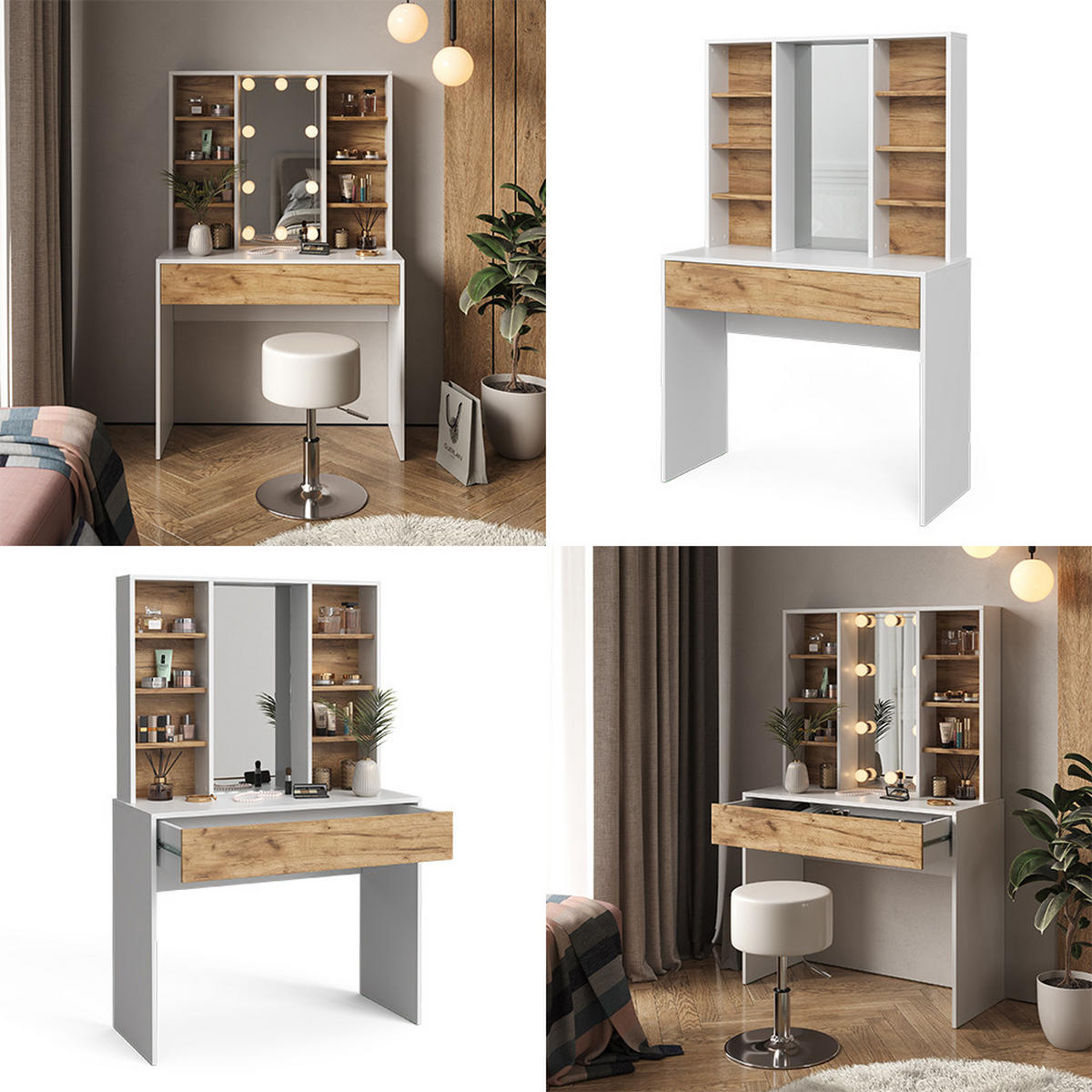 SCHMINKTISCH Alexa Goldkraft Eiche/Weiß 93 cm mit Spiegel - Honigeiche/Weiß, Holzwerkstoff (93/147/40cm) - Vicco