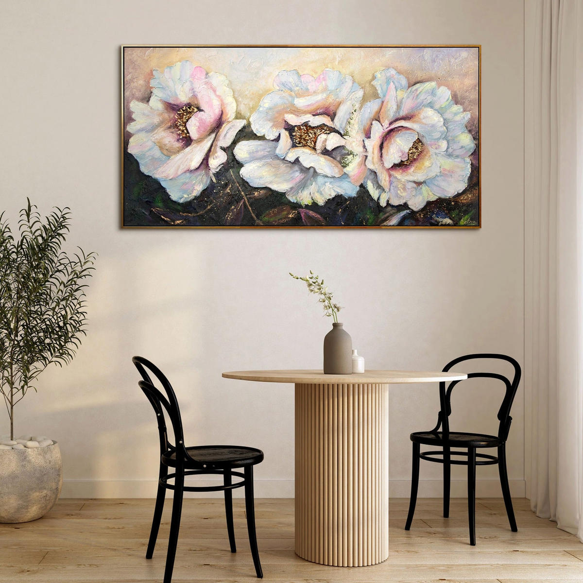 GEMÄLDE Pfingstrosen Schattenfugenrahmen Schwarz-Gold 140x70 cm - Schwarz Hochglanz, Holz (140/70cm) - YS-art gallery