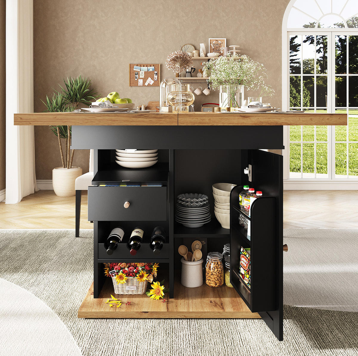 ESSTISCH aus MDF 110-140x80x75 cm Schwarz/Natur mit Auszug, Stauraum und Snack-/Weinregalen - Schwarz, Holzwerkstoff (110/80/75cm) - Modfu