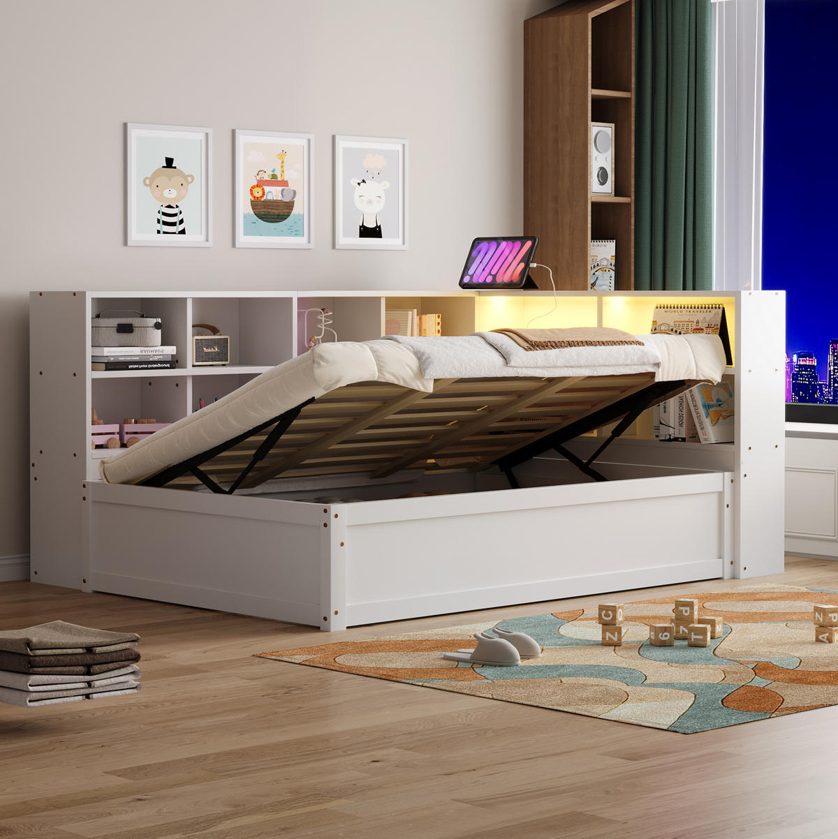 KREVET 90/200 cm s multifunkcijskom utičnicom, LED svjetlosnom trakom i više spremišnih pretinaca, Bijela - bijela, drvni materijal (220.5/82/114.5cm) - Redom