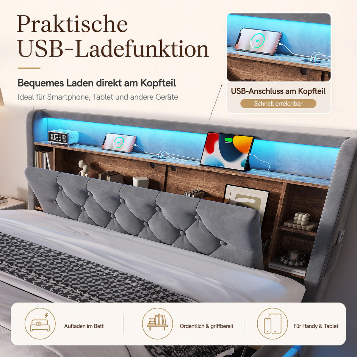 BOXBETT 160/200 mit LED/USB, Kopfteil-Regal & Hydraulik, Samt, Dunkelgrau - Dunkelgrau, Holz (160/200cm) - LVHOM